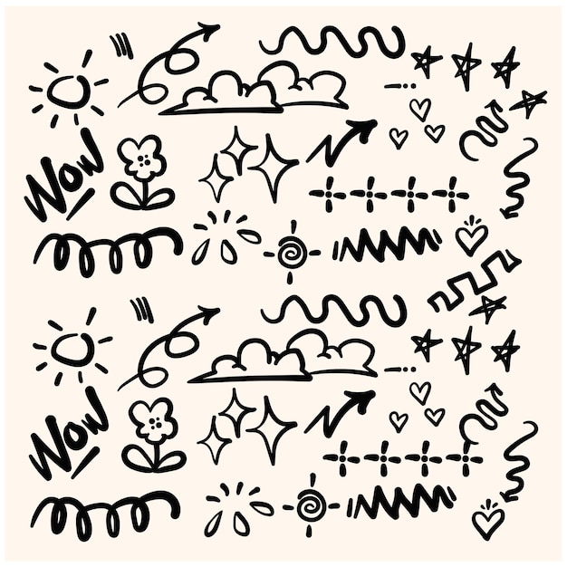 Doodle mit süßen glitzernden Stiftlinienelementen mit Illustrationsstil-Doodle und Linienkunst