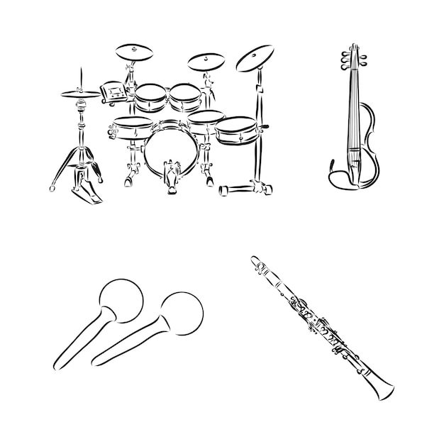 Doodle musikinstrumente set, vektor, set von musikinstrumenten, vektorskizzenillustration