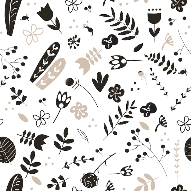 Doodle nahtlose muster mit wald- und wiesenpflanzen schwarz und beige auf weißem hintergrund