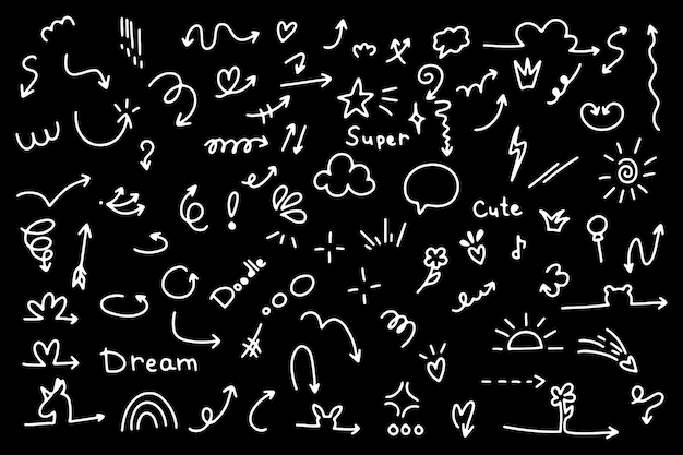 Doodle Pfeil Set süßes Herz Pfeil Stern Funkeln Dekoration Symbol Set Ikonen Einfache Skizze Linie Schwarz