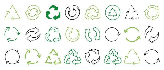Doodle-Recycling-Ikonen Wiederverwendung von Skizzenpfeilen kreisförmige Formen Recycling-Elemente Logo-Design Öko-Umweltschutz Recycelbare Symbole Null-Abfall Vektor ökologisches Set