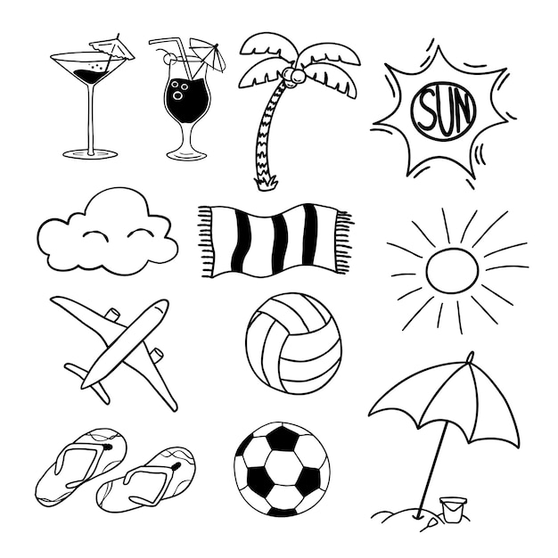 Doodle reihe von illustrationencocktail palme sonne wolke handtuch flugzeug ball schiefer sonnenschirm