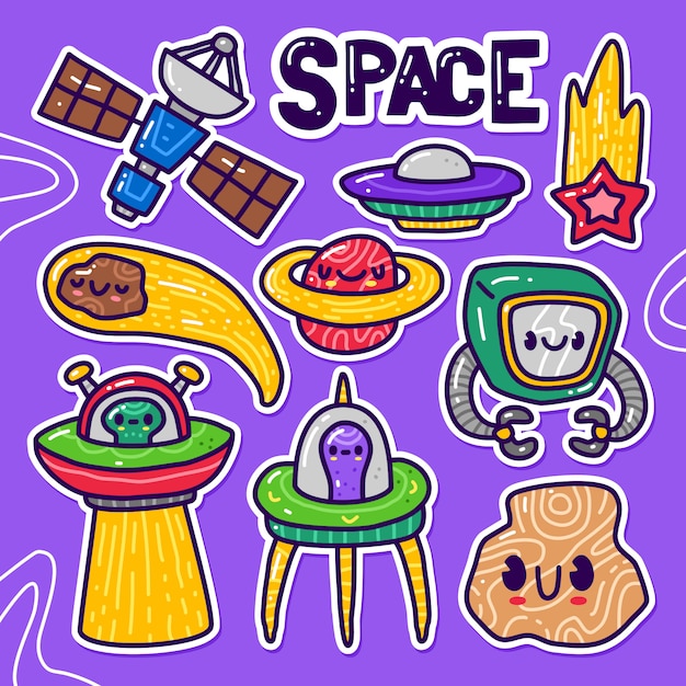 Doodle-sammlung set von raum und alien-element