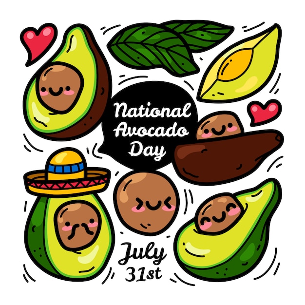 Doodle-sammlungssatz des avocado-elements. nationaler avocado-tag