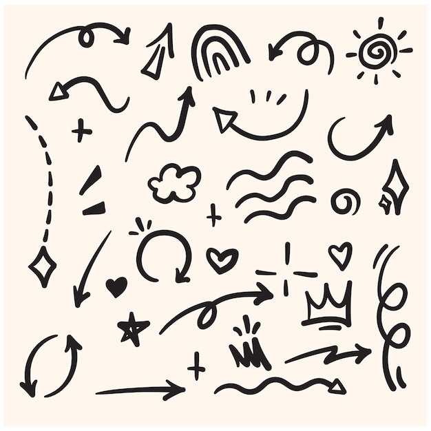 Doodle-Satz von handgezeichneten Zeichentrickfilmen mit Ausdruckszeichen, Karikaturen, Kurven, Richtungspfeilen