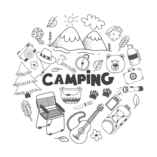 Doodle-set mit camping-elementen