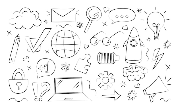 Doodle-Set mit Internet-Elementen Web-Technologie-Konzept Schwarz-Weiß-Handgezeichneter Vektor