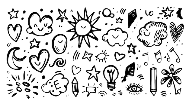Doodle-Sketch-Element-Set Schwarz-Weiß-Symbol Kunstdesignsymbol und abstrakte Form