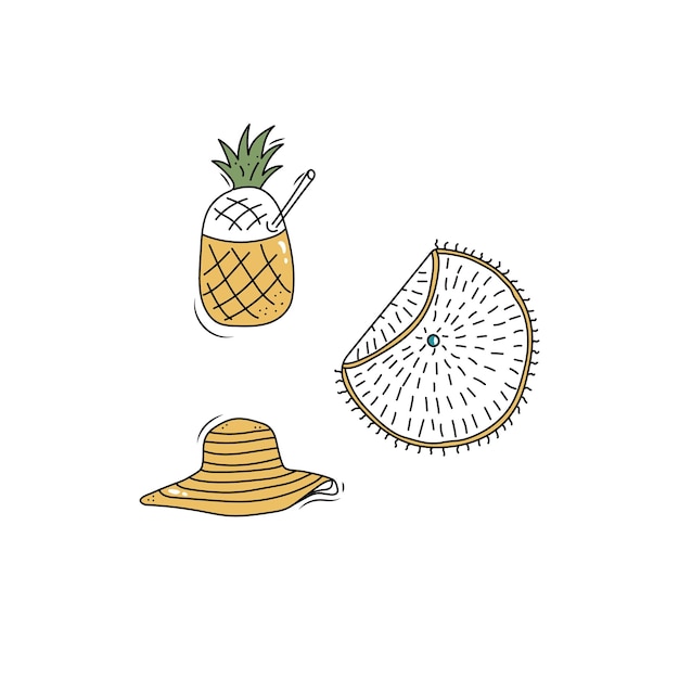 Doodle sommerset mit strandzubehör, cocktailhut, handtuch tourismus-abenteuer-symbole handgezeichnete vektorillustration isoliert auf weißem hintergrund
