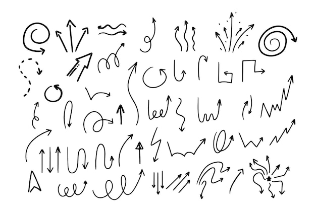 Doodle-stil handzeichnung schwarz-weiß-pfeile mit verschiedenen formen zeiger isolierter vektor