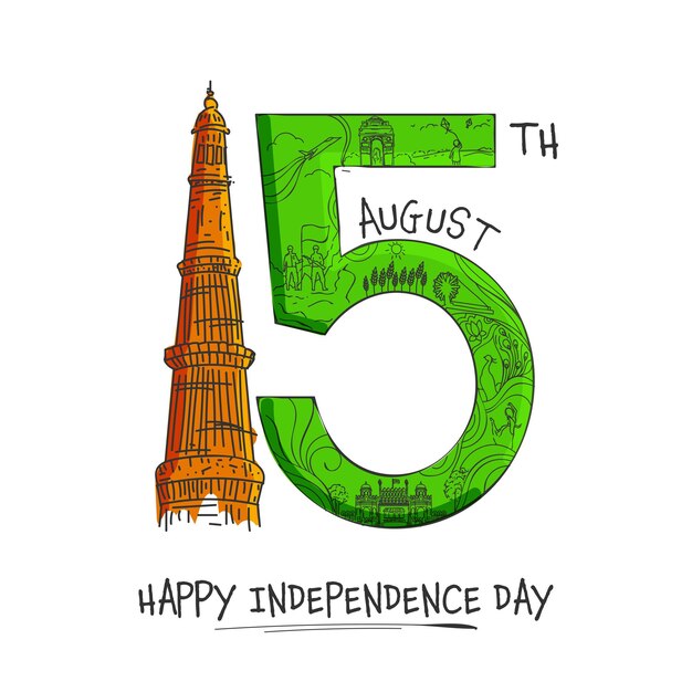 Doodle style 15. august text mit qutb minar denkmal auf weißem hintergrund für happy independence day konzept.