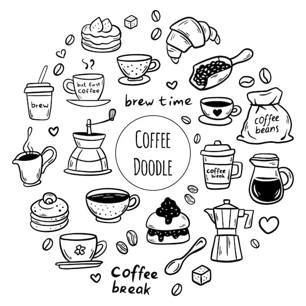 Doodle süße Cartoon-Coffee-Shop-Ikonen, die von Hand für Kaffee und Bäckerei für das Café-Menü gezeichnet sind