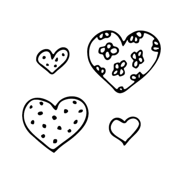 Doodle süße herzen mit polka-punkten und blumen abstrakte vektor minimalistische illustration von hand gezeichnet