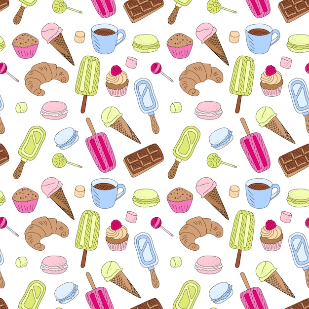 Doodle sweets food nahtloses muster. karikaturumriss, gezeichnete textur mit farbigem dessert. muffin cupcake, eis und bonbonschokolade