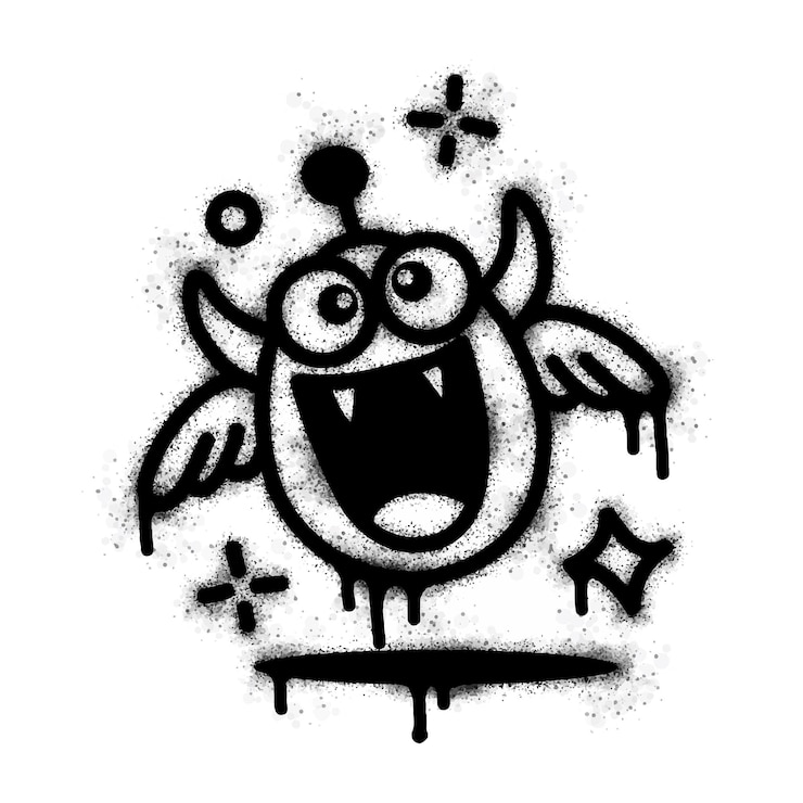 Vektor doodle-symbol schöne fliegende monster graffiti spray paint isoliert auf weißem hintergrund überschüttet graffiti-monster doodle symbol in schwarz auf weiß