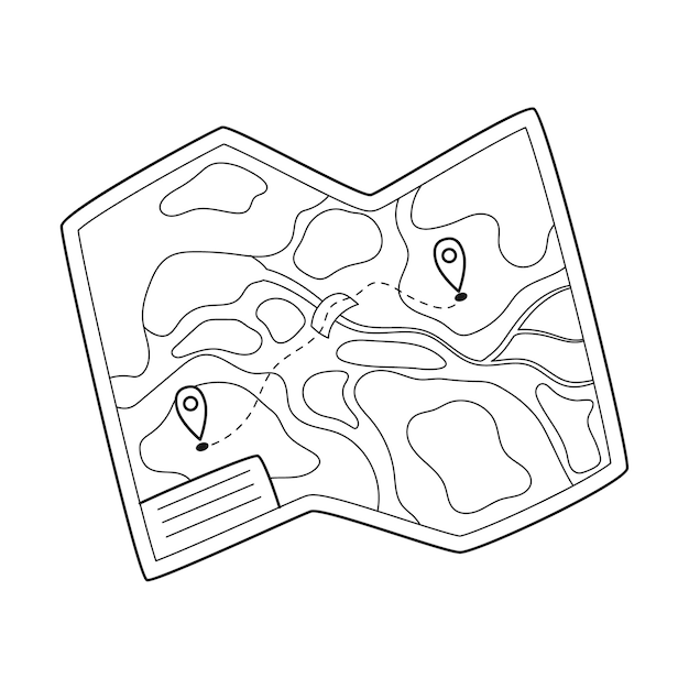 Vektor doodle touristische papierkarte des gebiets ein werkzeug für die orientierung der navigation auf dem gelände ausrüstung für tourismus reisen wandern sport skizzieren sie die schwarz-weiß-vektorillustration, die auf einem weiß isoliert ist