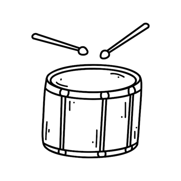 Vektor doodle-trommel mit trommelstöcken vektorskizzenillustration der schwarzen umrisskunst des musikinstruments für webdesign-symboldruck-malseite