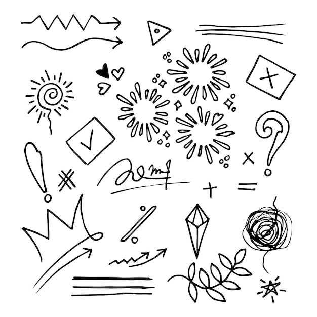 Doodle-vektor-set-illustration mit hand zeichnen linie kunst-stil-vektor. krone, könig, sonne, pfeil, herz, liebe, stern, wirbel, swoops, betonung, für konzeptdesign