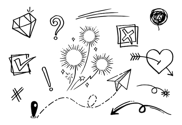 Doodle-Vektor-Set-Illustration mit Hand zeichnen Linie Kunst-Stil-Vektor. Krone, König, Sonne, Pfeil, Herz, Liebe, Stern, Wirbel, Swoops, Betonung, für Konzeptdesign.