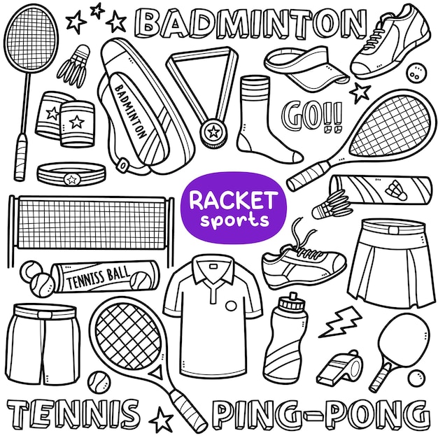 Vektor doodle-vektor-set schlägerbezogene sportarten wie badminton-pingpong-tennis usw