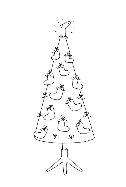 Vektor doodle weihnachtsbaum mit socken und schleifen geschmückt ein handgezeichneter dreieckiger weihnachtsbaum