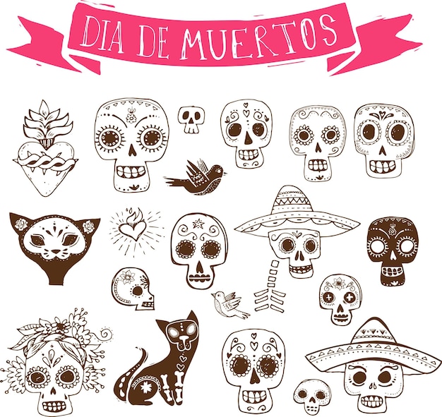 Vektor doodles mexikanischen totenkopf set tag der toten