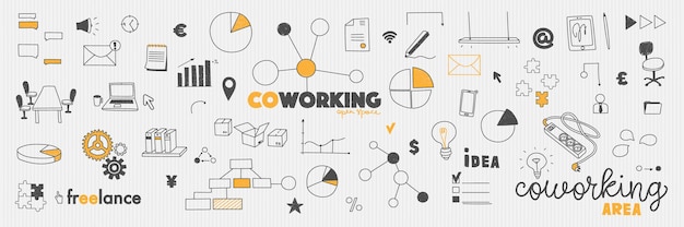 Vektor doodles office cowork-konzept coworking und kollaborativer arbeitsbereich und freiberuflich tätig
