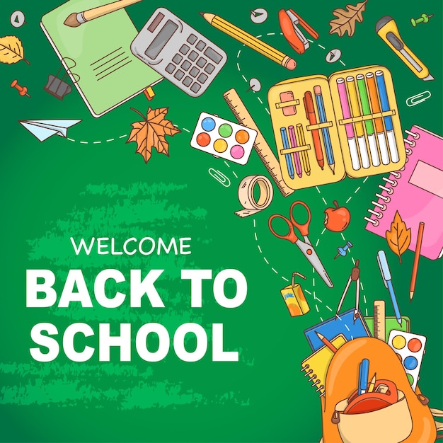 Doodlestyle back to school poster mit schulmaterial und schreibwaren