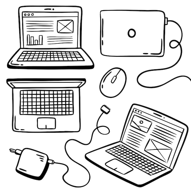 DoodleStyle Handgezeichnete schwarz-weiße Laptop-Tablet-Maus-Telefon-Technologie-Illustration