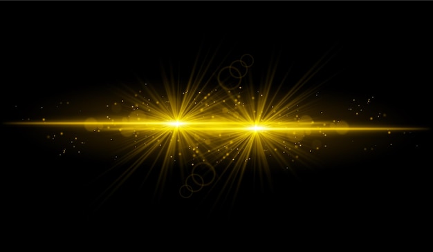 Doppel-goldener Starburst Helle schneidende Strahlen leuchtende Partikel strahlende Lichtwirkungen warme Beleuchtung abstraktes Beleuchtungsdesign futuristische Energie dekorative Visuals