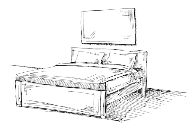 Vektor doppelbett isoliert auf weißem hintergrund vektor-illustration im sketch-stil