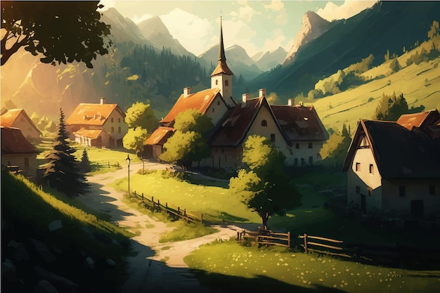 Dorf in einer üppigen hügeligen Graslandschaft in sonniger Tagesmalerei. Vektor-Illustration.