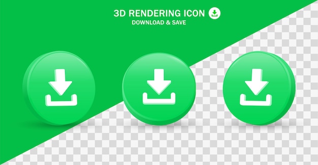 Vektor download-symbol im modernen grünen 3d-kreis oder glänzender pfeil nach unten in 3d-rendering