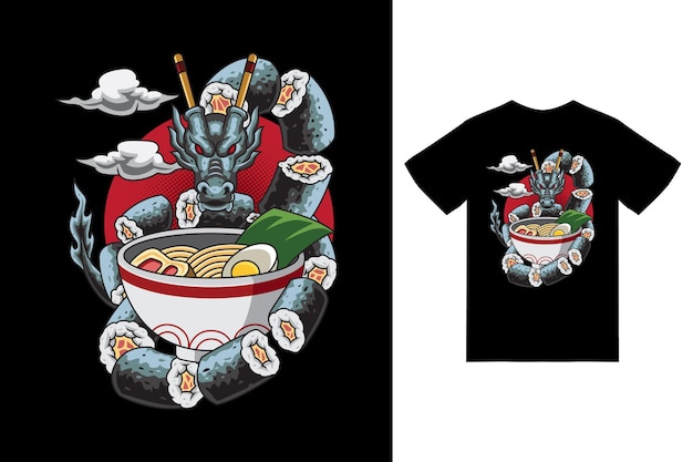 Drachen-Sushi-Ramen-Illustration mit T-Shirt-Design-Premium-Vektor