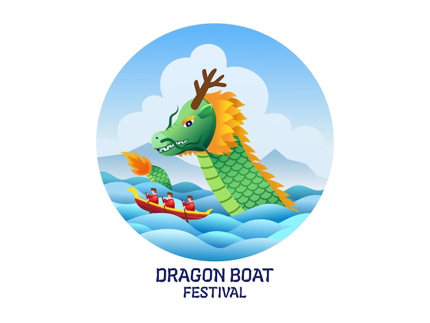 Drachenbootfest mit großem drachen und rudern eines bootes konzept chinesisches traditionelles drachenbootrennen