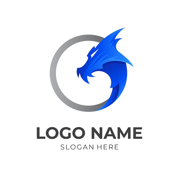 Drachenlogo, drache und kreis, kombinationslogo mit blauem und silbernem 3d-farbstil