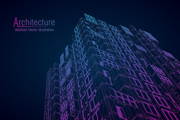 Drahtmodell der modernen architektur. konzept des städtischen drahtmodells. wireframe-gebäudeillustration der architektur-cad-zeichnung.