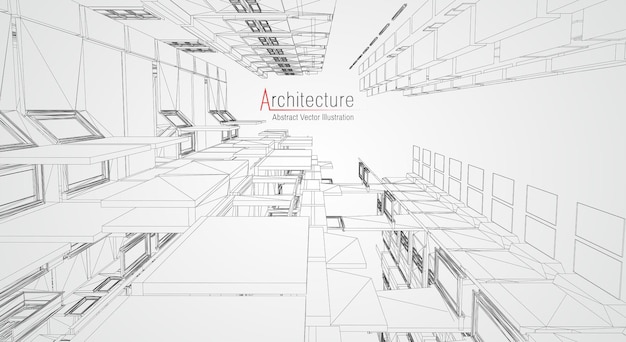 Drahtmodell der modernen Architektur. Konzept des städtischen Drahtmodells. Wireframe-Gebäudeillustration der Architektur-CAD-Zeichnung.