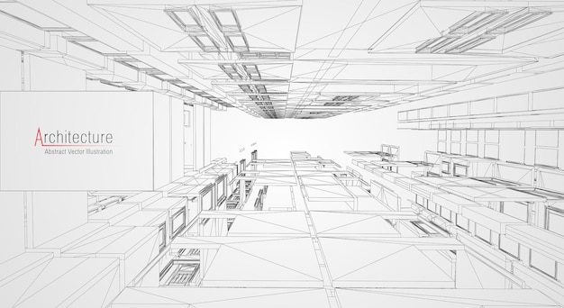 Drahtmodell der modernen architektur. konzept des städtischen drahtmodells. wireframe-gebäudeillustration der architektur-cad-zeichnung.