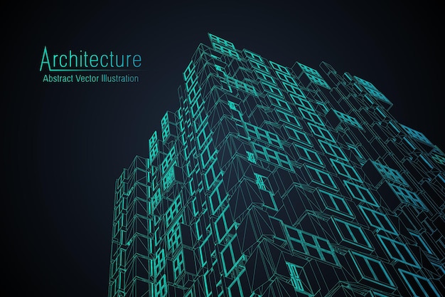 Drahtmodell der modernen Architektur. Konzept des städtischen Drahtmodells. Wireframe-Gebäudeillustration der Architektur-CAD-Zeichnung.