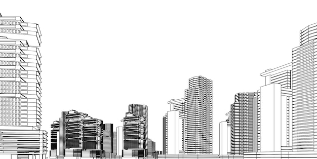 Drahtmodell für moderne architektur. konzept des städtischen drahtgitters. wireframe, das illustration 3d der architektur errichtet