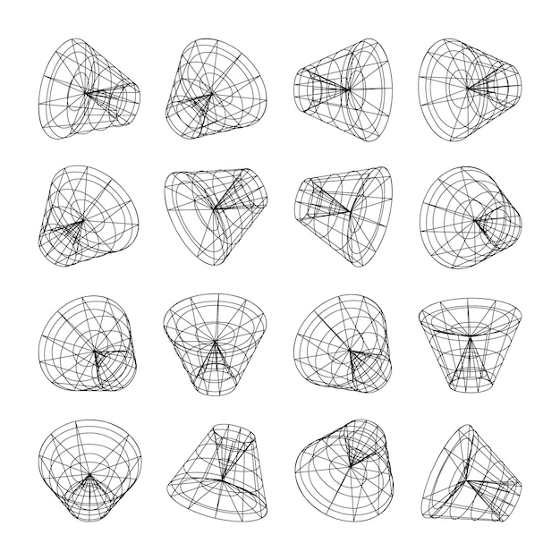Drahtrahmen-Linienformen Perspektivnetz 3D-Gitter Niedrig-Poly-Geometrie-Elemente Retro-Futuristische Design-Elemente Y2K-Dampfwellen- und Synth-Wellen-Stil Vektorillustration