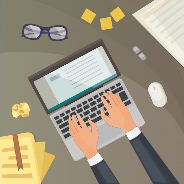 Draufsicht auf Schreibtischkonzept. Blogging Illustration Laptop und Hände.