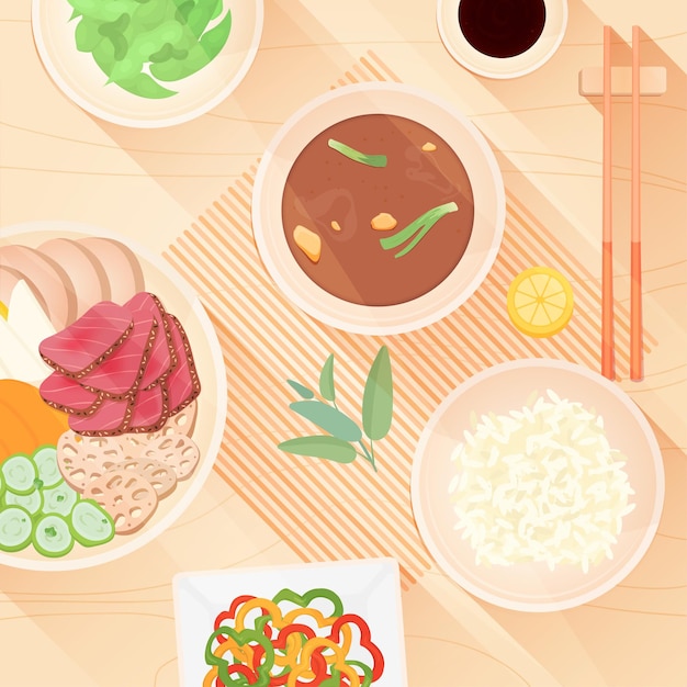 Vektor draufsicht auf verschiedene orientalische speisen auf einem holztisch. asiatische küche. bowl poke mit verschiedenem gemüse
