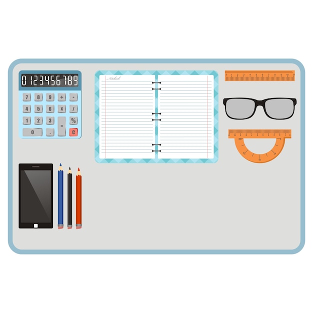 Draufsicht der Tabelle mit Zubehör für Bildung oder Arbeit Schularbeitsplatz Flache Designvektorillustration