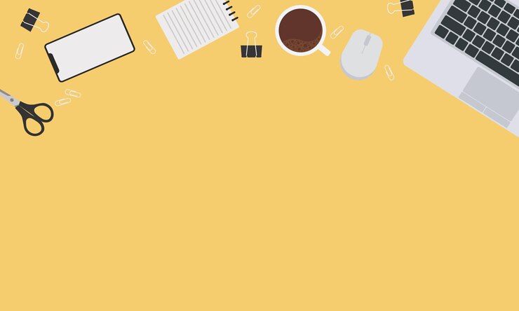 Vektor draufsicht des modernen geschäftsbüroarbeitsplatzhintergrundes flache illustration des schreibtisches mit digitalen geräten des laptops und notizblock