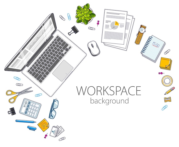 Draufsicht des Schreibtischarbeitsbereichs mit PC-Computer und diversen Schreibwarenobjekten für die Arbeit mit Kopierraum für Text. Alle Elemente können einfach separat verwendet oder die Illustration neu zusammengestellt werden. Vektor.