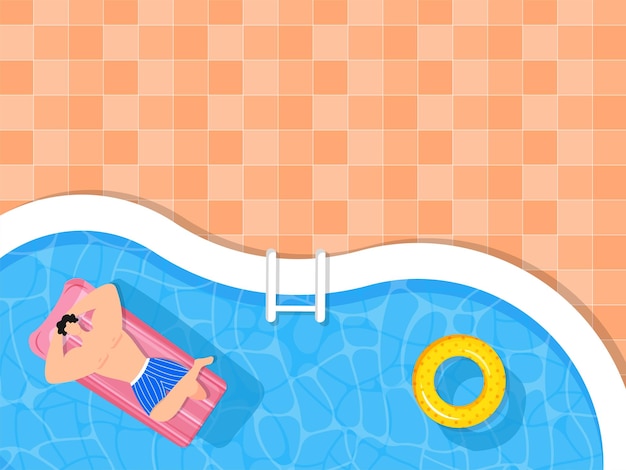 Draufsicht des schwimmers, der über aufblasbarem bett auf swimmingpool und orange gittermuster-hintergrund liegt