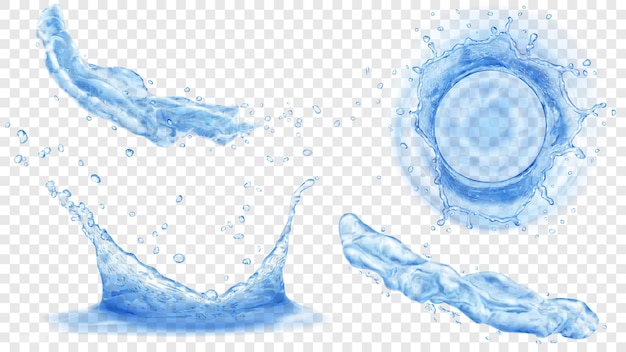 Draufsicht und Seitenansicht von durchscheinenden Wasserkronen mit Tropfen und zwei Spritzern oder Düsen in blauen Farben, einzeln auf transparentem Hintergrund. Transparenz nur im Vektorformat