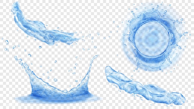 Vektor draufsicht und seitenansicht von durchscheinenden wasserkronen mit tropfen und zwei spritzern oder düsen in blauen farben, einzeln auf transparentem hintergrund. transparenz nur im vektorformat